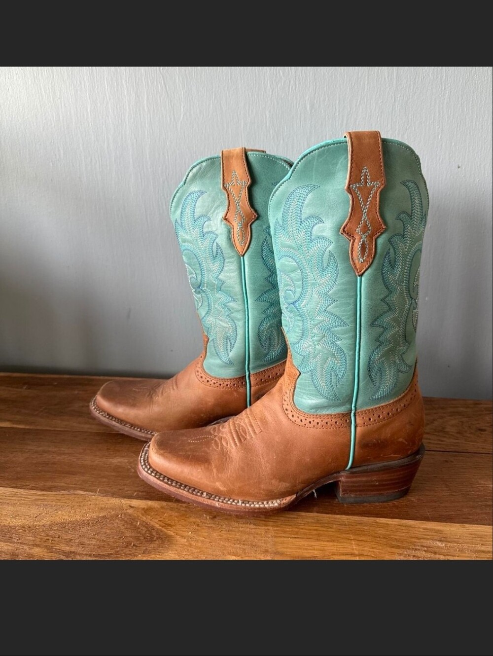 J.B. Dillon Brown Leather Western Boots with Mint Green Shaft Womens 7.5